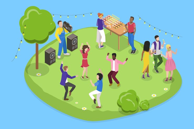 Vector 3d isometric flat vector illustration of park fun party