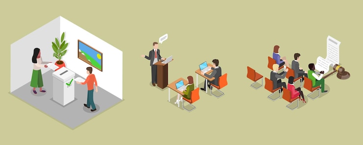 Vector 3d isometric flat vector illustration of politician making speech city council