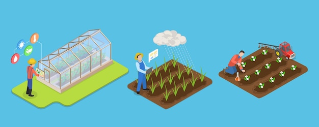 3d isometric flat vector illustration of smart farming technologies