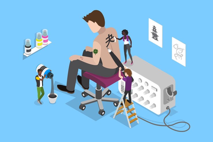 Vector 3d isometric flat vector illustration of studio tatto