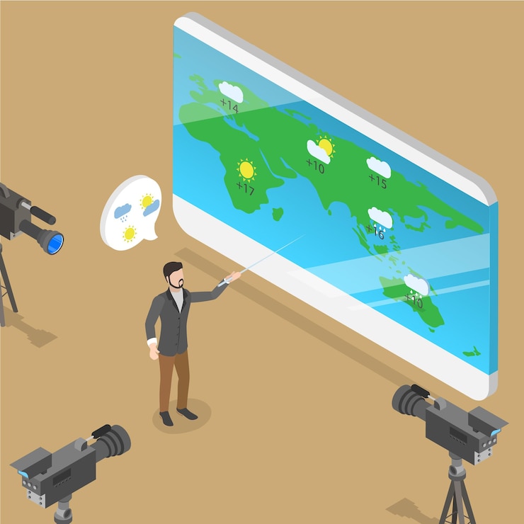 Vector 3d isometric flat vector illustration of weather forecast tv reporter at work