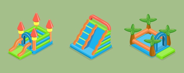 3D-изометрический плоский векторный набор надувных замков