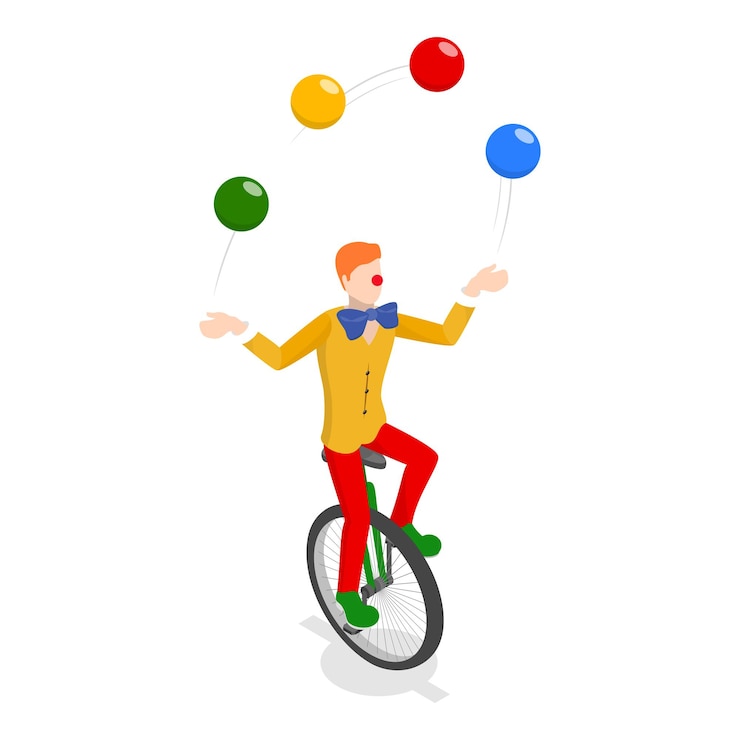 Vector 3d isometric flat vector set of circus characters clown strongman acrobats trained animals hooper juggling unicyclist item 5