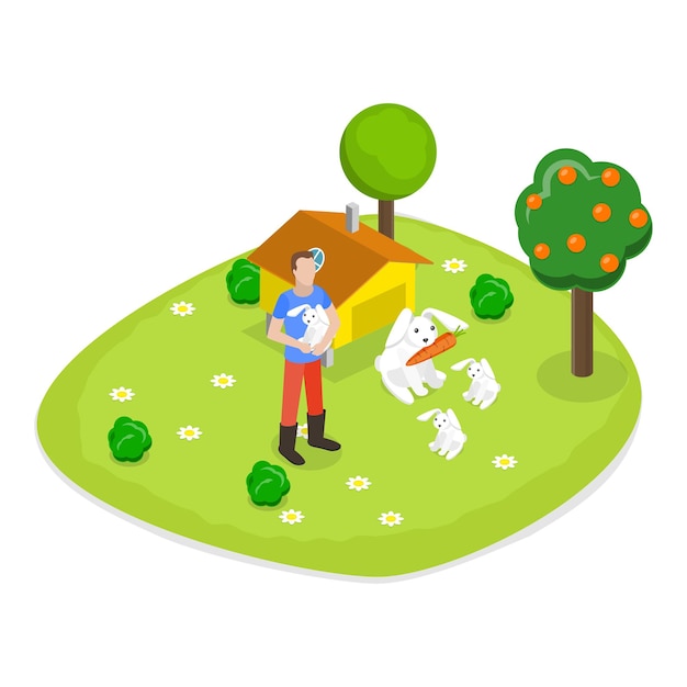 3D Isometric Flat Vector Set of Farms Farmers are Taking Care of Sheeps Chickens and Rabbits Item 2