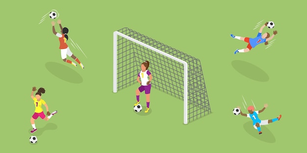 여성 축구 캐릭터의 3D 이소메트릭 평면 터 세트