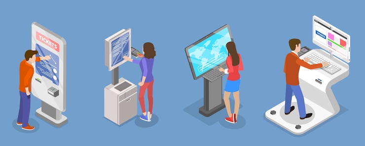 Vector 3d isometric flat vector set of ticket kiosks