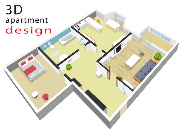 아파트 3d 아이소 메트릭 평면도. 현대 아이소 메트릭 인테리어의 Vecto 그림입니다.