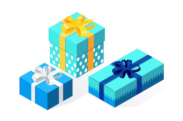 Vector 3d isometric gift box, present with ribbon, bow isolated