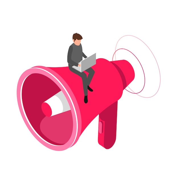 3d isometric illustration for business isometry a man is sitting on a large megaphone