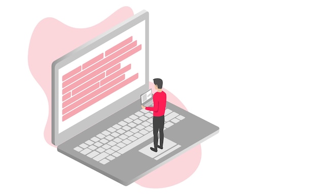 3d isometric illustration for business isometry a man is standing with a laptop