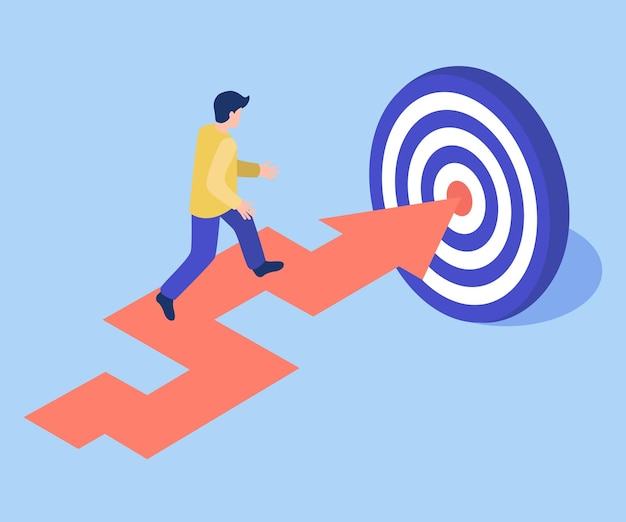 3d isometric illustration A large arrow leads to the center of the target a person walks along it