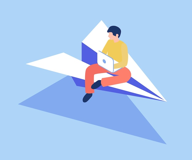 Vector 3d isometric illustration a man with a laptop sits on a paper plane comfortable work career growt