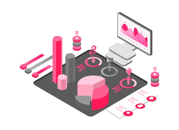 3d isometric illustration for marketing Isometry the image shows various graphs and charts