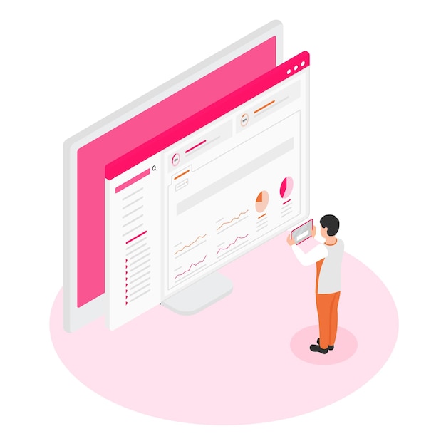 男性がウェブサイトのページを分析するアイソメトリをマーケティングするための3Dアイソメ図