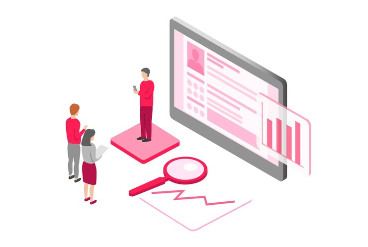 Vector 3d isometric illustration for marketing team meeting to discuss the analysis