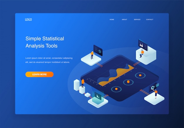 3d isometric illustration people interacting with pie chart, data analysis, landing page
