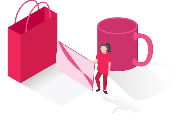 Vector 3d isometric illustration a woman stands with a discount card among gifts and mugs