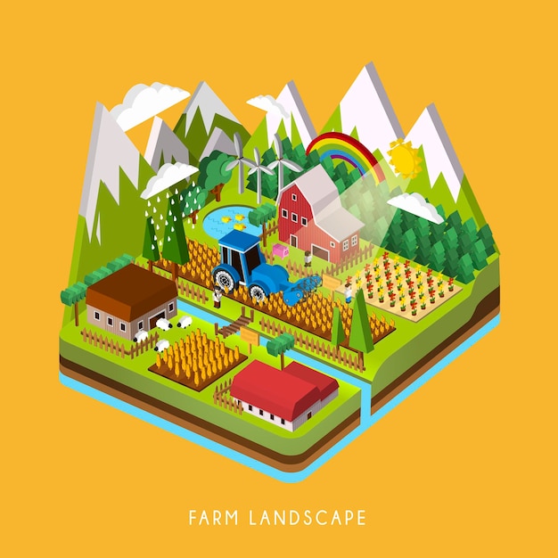 Vector 3d isometric infographic for adorable farm landscape over yellow