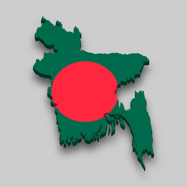 3d isometric map of bangladesh with national flag.