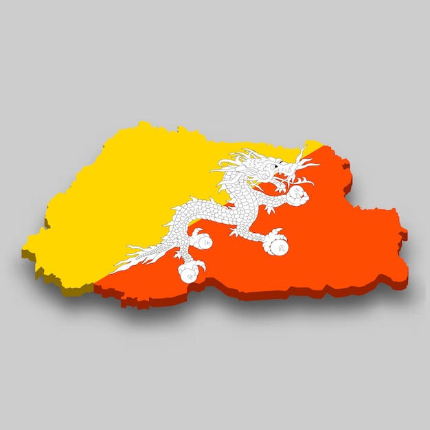 3d isometric Map of Bhutan with national flag.