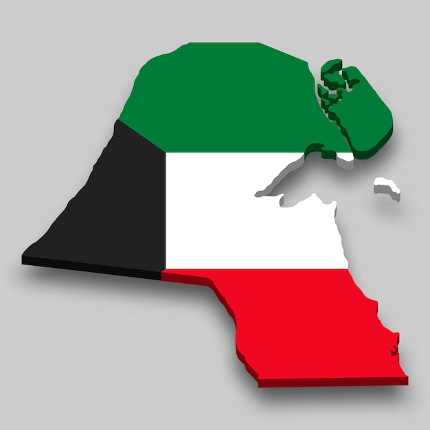 3d isometric Map of Kuwait with national flag.