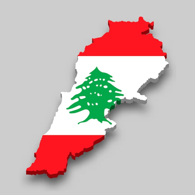 3d isometric Map of Lebanon with national flag.