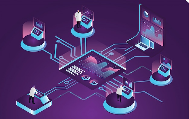 Vector 3d isometric scientist analyzing and processing data statistics with charts . data visualization concept. vector illustration.