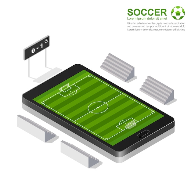 Campo di calcio isometrico 3d sullo smartphone