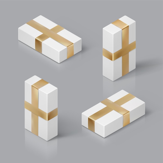 3D isometric template with white gift box and gold ribbon