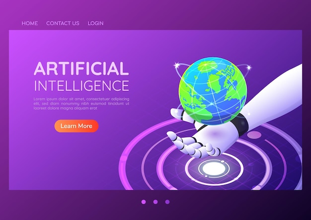 3dアイソメトリックwebバナーai仮想デジタル世界を持っているロボットの手。人工知能とテクノロジーのランディングページのコンセプト。