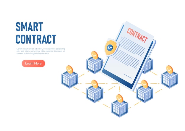 Смарт-контракт изометрического веб-баннера в центре технологии блокчейн. Концепция смарт-контракта Blockchain.
