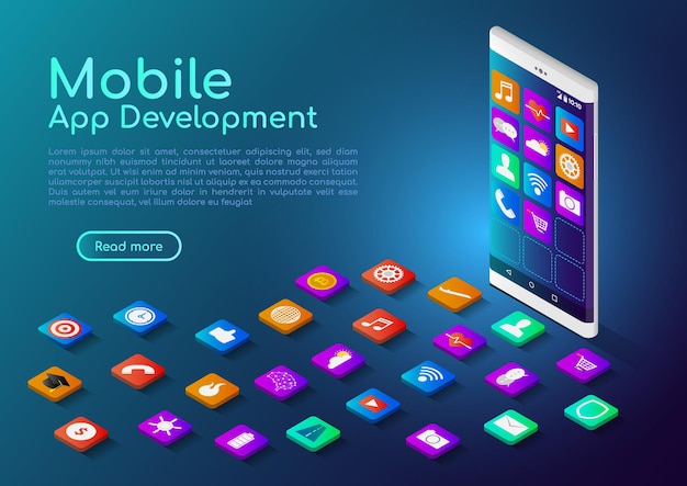 3d isometric web banner smartphone with mobile app icon. mobile application development landing page concept.