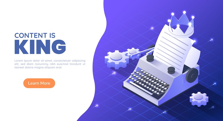 Vector 3d isometric web banner typewriter with a crown and paper sheet on blue gradient background. content is king and marketing concept.
