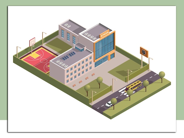 3D-isometrie van het schoolgebouw met klokbord en basketbalveld langs de voertuigstraat