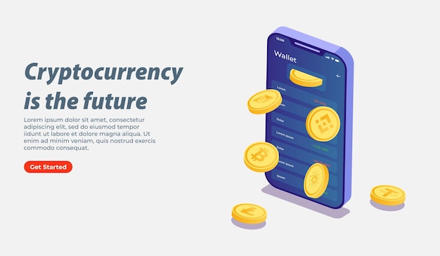 3D isometrische illustratie van cryptocurrencies en mobiele portemonnee voor webbanner, bestemmingspagina