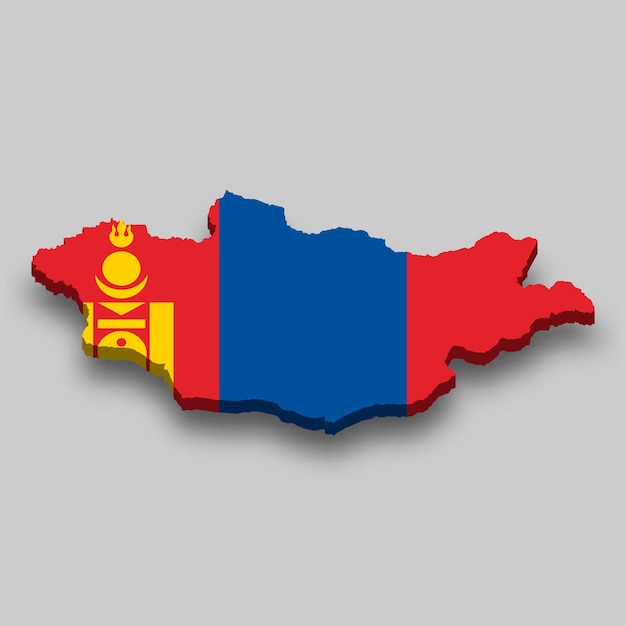 3D Isometrische kaart van Mongolië met nationale vlag.