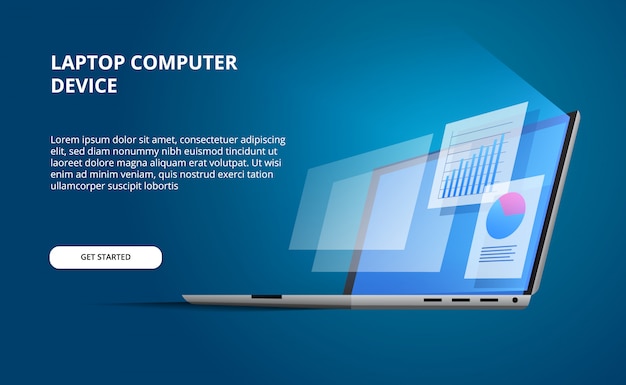 3D isometrische perspectief open apparaat laptop met gloed scherm. computer met infographic en gegevensvisualisatie cirkeldiagramstatistieken weergeven