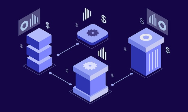 3d isometrische platte bedrijfsanalysegegevens en financiële beoordeling met vectorontwerp van infographic elementen