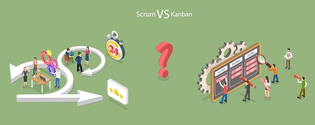 3D-isometrische platte vector conceptuele illustratie van Scrum versus Kanban