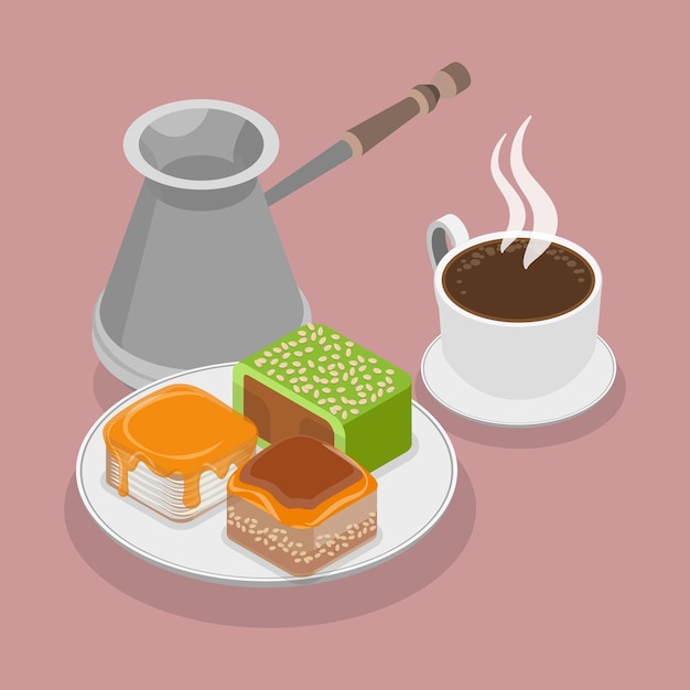 3d isometrische platte vector illustratie van Turkse snoep baklava en koffiebeker