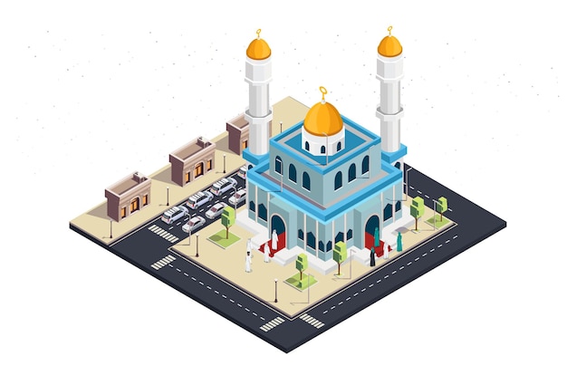 Vector 3d isometrische vector illustratie van gemeentelijk gebed in een moskee
