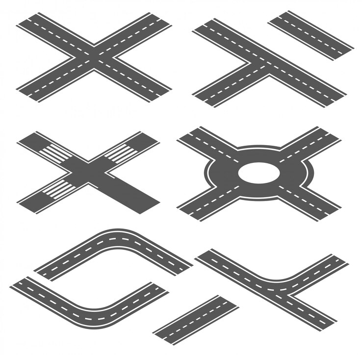 3D Isometrische vector weg en snelweg voor stadsplattegrond. Weg snelweg verkeer pad. Stad constructor set.