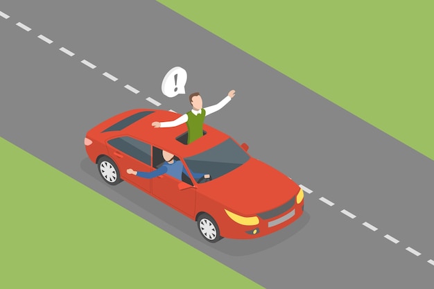 3D-isometrische vlakke vectorillustratie van gevaarlijk autorijden