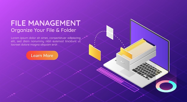 3d isometrische webbanner laptop overdrachtsbestand en ordenen map in de monitor. Bestemmingspagina voor bestandsoverdracht en gegevensbeheerconcept.