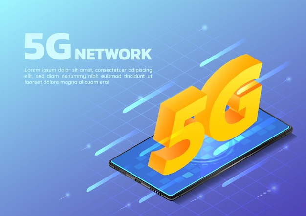 3d isometrische webbanner smartphone met 5g hi speed internet network. 5g netwerk draadloos technologieconcept.