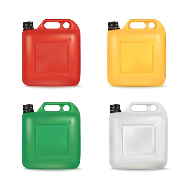 3d Jerrycans 색상 연료 Jerrycan 렌더링 석유 또는 가솔린 플라스틱 용기 휘발유 갤런 병 자동차 가스 저장 용기 자동 연료 제리 캔 디젤 자동차 깔끔한 벡터 일러스트 레이션