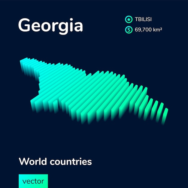 3D-kaart van Georgië Gestileerde gestreepte vectorkaart is in groene en mintkleuren op donkerblauwe achtergrond