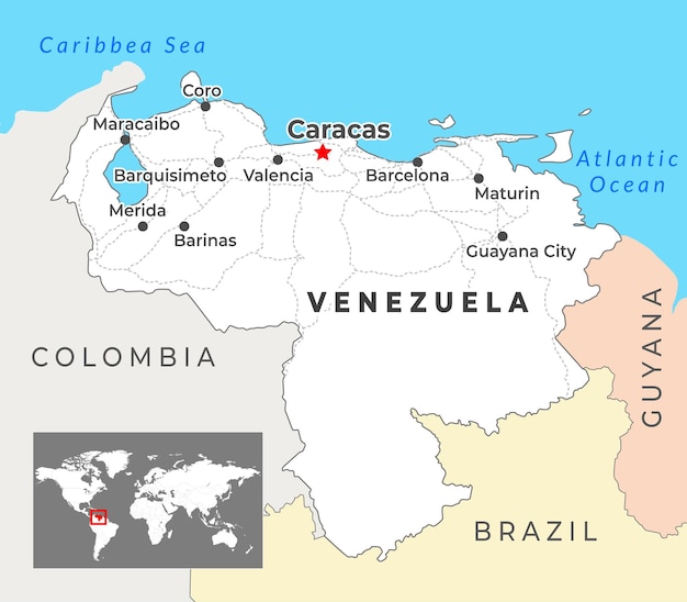 3D-kaart van Venezuela met grenzen van regio's en de hoofdstad