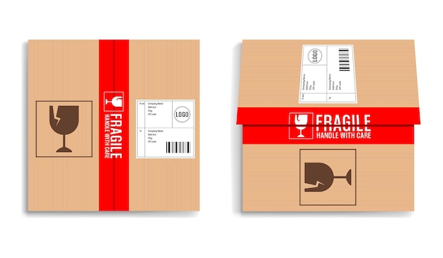 Vector 3d kartonnen doos - bovenaanzicht mockup sjabloon met rood plakband gemarkeerd als kwetsbaar. verzenddoos