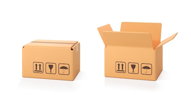 3D kartonnen open en gesloten doos geïsoleerd op witte achtergrond Levering vracht doos Cartoon stijl kartonnen doos of levering pakket Vector 3d realistisch